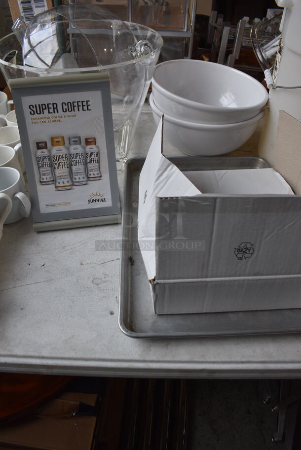 ALL ONE MONEY! Lot of Items on Tabletop Including Material, Poly Bucket, Ceramic Mugs and Wine Glasses and Metal Bins - Image 8 of 12