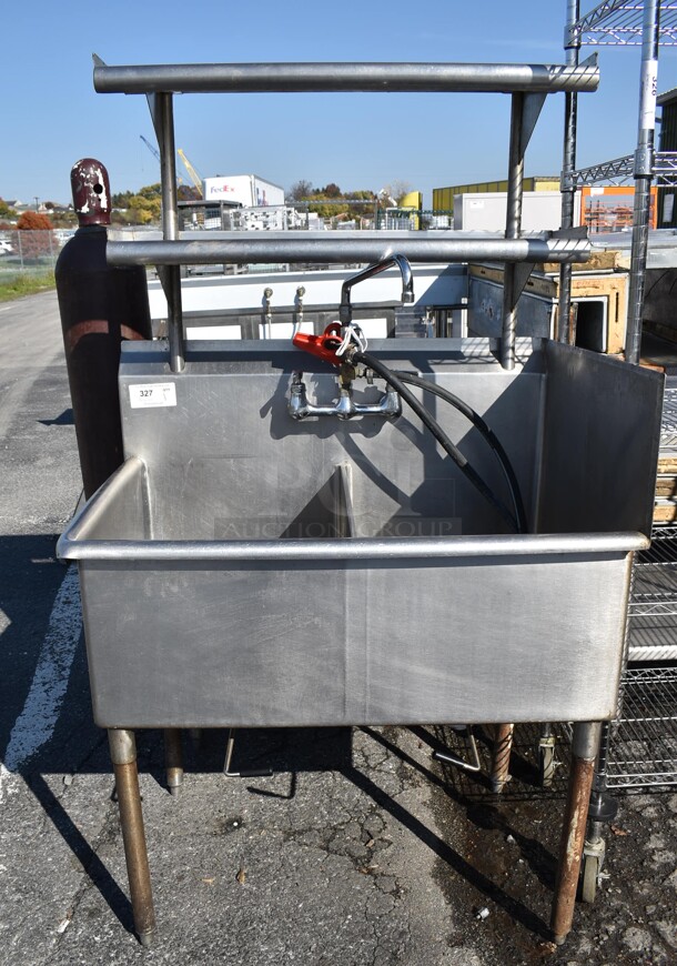 Stainless Steel Commercial 2 Bay Sink w/ Faucet, Handles and 2 Tier Over Shelf. 37x28x65. Bays 18x24x13