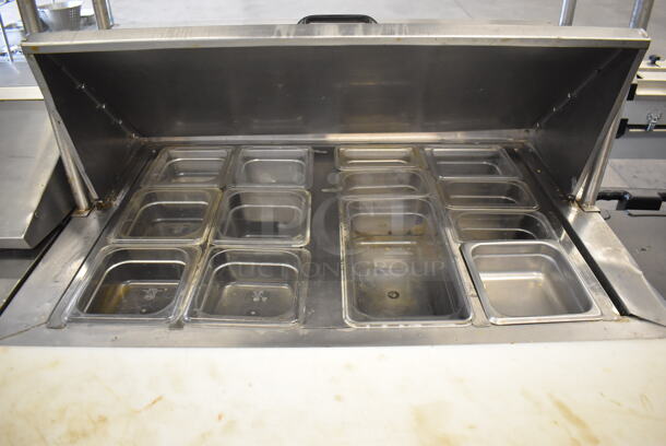 Leader Stainless Steel Commercial Sandwich Salad Prep Table Bain Marie Mega Top w/ 2 Tier Over Shelf and Various Drop In Bins. 115 Volts, 1 Phase. 36x32x70. Tested and Powers On But Does Not Get Cold - Image 4 of 8