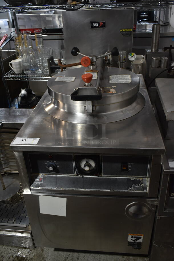 BKI FKM-F Stainless Steel Commercial Floor Style Electric Powered Pressure Fryer on Commercial Casters. 208 Volts, 3 Phase. 