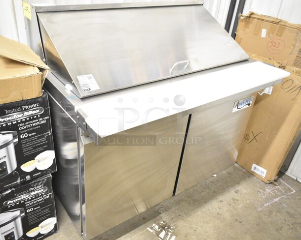 BRAND NEW SCRATCH AND DENT! 2023 Avantco 178SSPT48MHC Stainless Steel 48" 2 Door Mega Top Stainless Steel Refrigerated Sandwich Prep Table on Commercial Casters. 115 Volts, 1 Phase.  Tested and Working! - Image 3 of 8