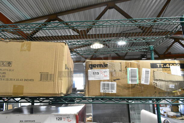 2 IN ORIGINAL BOX! Items Including LP-RLXTX-BLK Relaxatilt Foot Massager, Gemini TT-4000 Record Player. 2 Times Your Bid!  - Image 1 of 4
