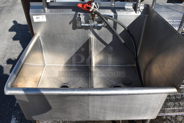 Stainless Steel Commercial 2 Bay Sink w/ Faucet, Handles and 2 Tier Over Shelf. 37x28x65. Bays 18x24x13 - Image 5 of 6