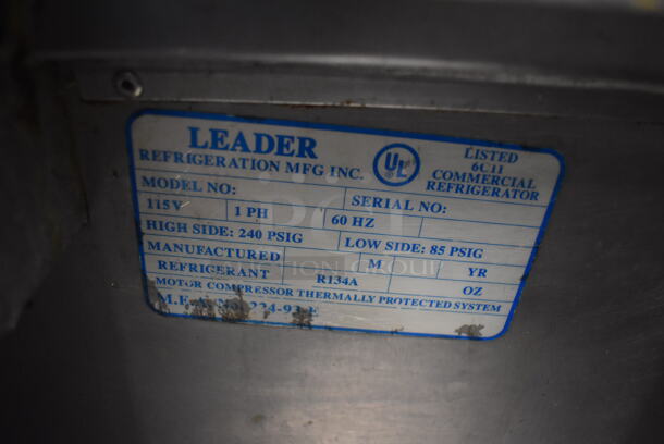 Leader Stainless Steel Commercial Sandwich Salad Prep Table Bain Marie Mega Top w/ 2 Tier Over Shelf and Various Drop In Bins. 115 Volts, 1 Phase. 36x32x70. Tested and Powers On But Does Not Get Cold - Image 8 of 8