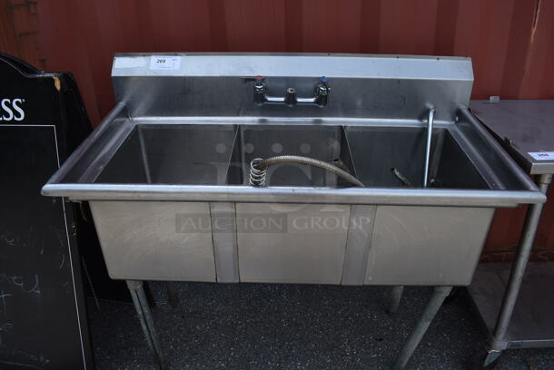 Stainless Steel Commercial 3 Bay Sink w/ Faucet, Handles and Spray Nozzle Attachment. 48x24x43. Bays 14x18x12