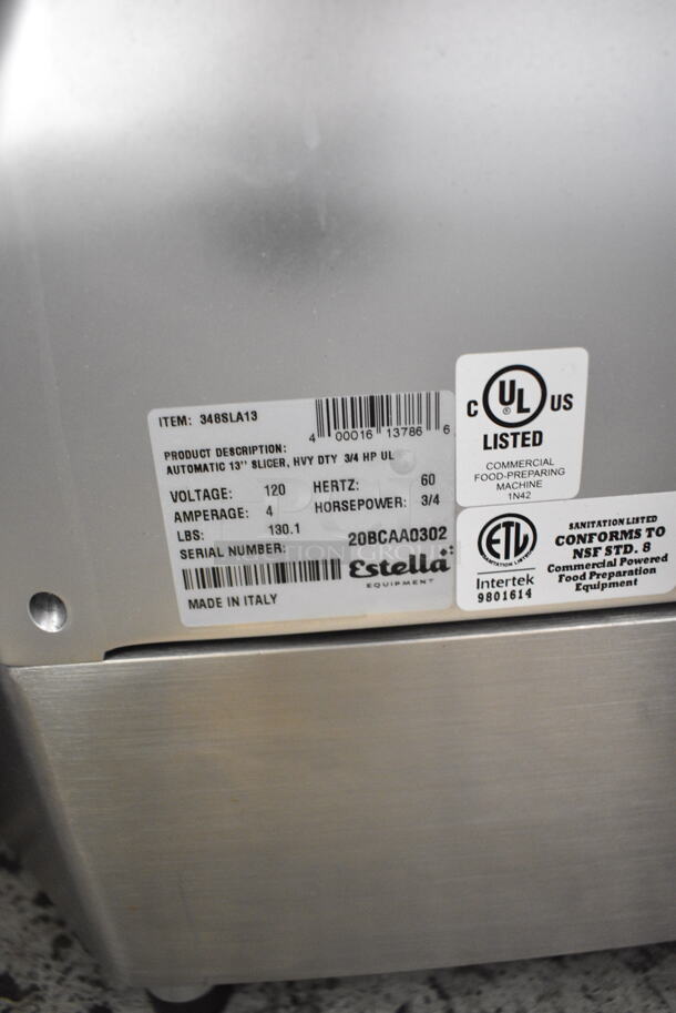BRAND NEW SCRATCH AND DENT! Estella 348SLA13 Stainless Steel Commercial Countertop Automatic Meat Slicer w/ Blade Sharpener. 120 Volts, 1 Phase. Tested and Powers On But Parts Do Not Move
 - Image 8 of 8