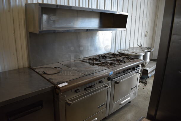 Garland Stainless Steel Commercial Natural Gas Powered 6 Burner Range w/ Flat Top, 2 Ovens and Over Shelf. 72.5x36x70