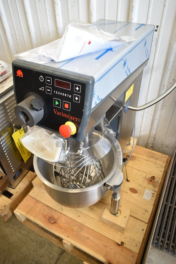 BRAND NEW! 2022 Varimixer V20KT Metal Commercial Countertop 20 Quart Planetary Dough Mixer w/ Stainless Steel Mixing Bowl, Bowl Guard, Whisk, Paddle and Dough Hook Attachments. 120 Volts, 1 Phase. Tested and Working! - Image 3 of 9