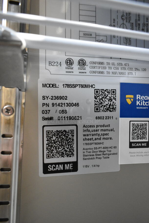 BRAND NEW SCRATCH AND DENT! 2023 Avantco 178SSPT60MHC  60" 2 Door Mega Top Stainless Steel Refrigerated Sandwich Prep Table on Commercial Casters. 115 Volts, 1 Phase. Tested and Working! - Image 9 of 9