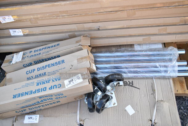 BRAND NEW SCRATCH AND DENT! All One Money! Lot of Various Items Including 2 San Jamar C3400 Cup Dispensers, 2 San Jamar C3200 Cup Dispenser, 4 Commercial Casters. 6 Poles.  - Image 1 of 7