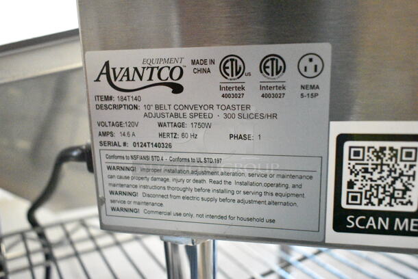 BRAND NEW SCRATCH AND DENT! Avantco 184T140 Commercial 10" Wide Conveyor Toaster with 3" Opening. 120 Volts, 1 Phase. Tested and Working! - Image 6 of 6