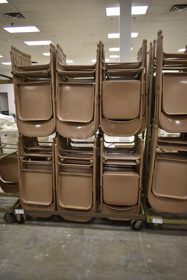 Metal Folding Chair Cart on Commercial Casters w/ Approximately 60 Brown Metal Folding Chairs. (Main Building)