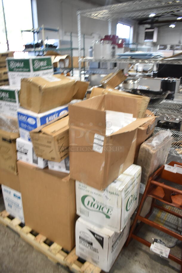 PALLET LOT of 24 BRAND NEW Boxes Including 186CVB1215 VacPack-It Chamber Vacuum Packaging Pouches, 760PCC32 Choice Poly Paper Cold Cup, 966TALLFLDB Choice White Tall-Fold 6
