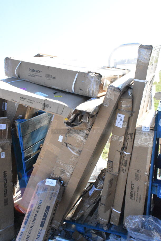 3 BRAND NEW SCRATCH AND DENT! Items Including 460EC1836 Regency 18" x 36" NSF Chrome Wire Shelf, 460EC1860 Regency 18" x 60" NSF Chrome Wire Shelf, 460SW2436 Regency Spec Line 24" x 36" NSF Stainless Steel Wire Shelf. 3 Times Your Bid! May Be Missing Pieces.  - Image 1 of 5