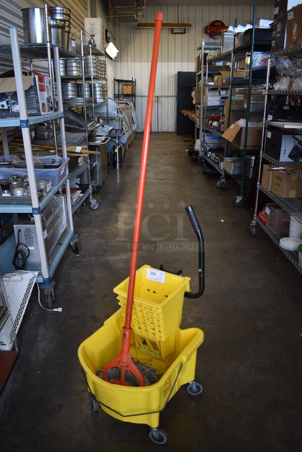 Yellow Poly Mop Bucket w/ Wringing Attachment and Mop on Commercial Casters. 18x21x37