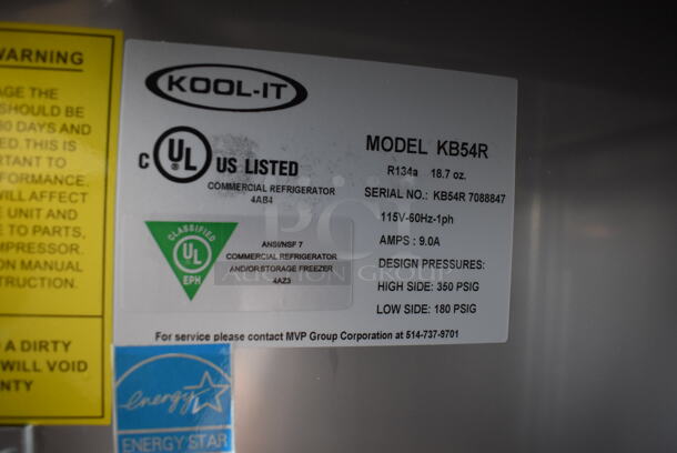 LIKE NEW! Kool-it KB54R ENERGY STAR Stainless Steel Commercial 2 Door Reach In Cooler w/ Poly Coated Racks. 115 Volts, 1 Phase. Unit Has Only Been Used a Few Times! Tested and Working! - Image 6 of 7