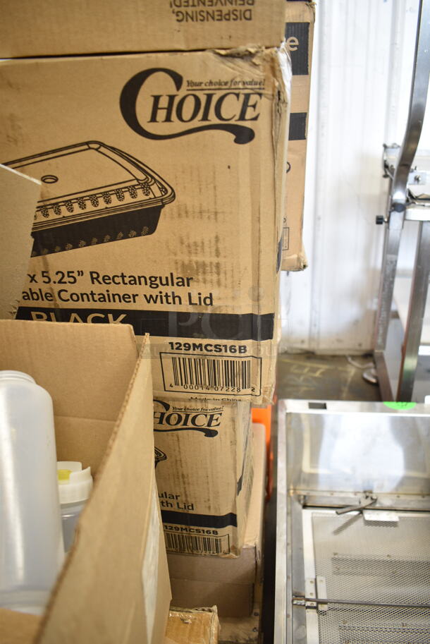 PALLET LOT of 60 BRAND NEW Boxes Including 3 Box 129MCS16B Choice 16 oz. Black 8" x 5 1/4" x 1 1/2" Rectangular Microwavable Heavy Weight Container with Lid - 150/Case, 760SOUP8KFT EcoChoice 8 oz. Kraft Paper Food Cup with Vented Lid - 250/Case, Dart 8J8 8 oz. White Customizable Foam Cup - 1000/Case, 128HD12COMBO ChoiceHD 12 oz. Microwavable Translucent Plastic Deli Container and Lid Combo Pack - 240/Case, 10 Boxes 130SERVSP8BK Choice 8 1/2" Black Disposable Plastic Serving Spoon - 72/Case, 130HFCL1M Visions Clear Heavy Weight Plastic Fork - Case of 1000, 394345L Noble NexGen Powder-Free Disposable Black Hybrid 3 Mil Thick Gloves - Large - 1000/Case, 500CT4 Choice 4 oz. Clear PET Parfait Insert - 1000/Case, 760IC06G Choice 6 oz. Green Paper Frozen Yogurt / Food Cup - 1000/Case, 500TO963 Choice 9" x 6" x 3" Microwaveable 1-Compartment Black / Clear Plastic Hinged Container - 100/Case, 5004DNAPWH Choice White Linen-Feel 1/8 Fold Dinner Napkin - 800/Case, 260SSPC11 Choice 11" Mirror Finish Stainless Steel Plate Cover, 127RD12BULK Choice 12 oz. Customizable Microwavable Translucent Round Deli Container - 500/Case, 3234X6DTFWH Lavex 4" x 6" White Direct Thermal Permanent Fanfold Label Stack - 4/Case, Choice 2 oz Portion Cups, 130HBKCUTTW Visions Individually Wrapped Black Heavy Weight Plastic Teaspoon - 1000/Case, 130WSPOON Choice Medium Weight White Plastic Teaspoon - 1000/Case. 60 Times Your Bid!  - Image 2 of 12