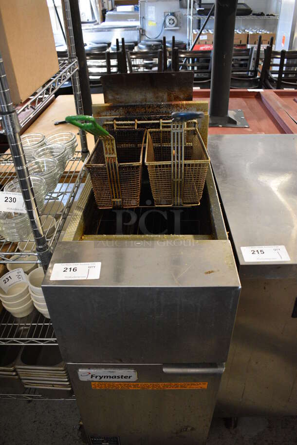 2014 Frymaster Model GF14SD Stainless Steel Commercial Floor Style Natural Gas Powered Deep Fat Fryer w/ 2 Metal Fry Baskets. 100,000 BTU. 16x31x45.5