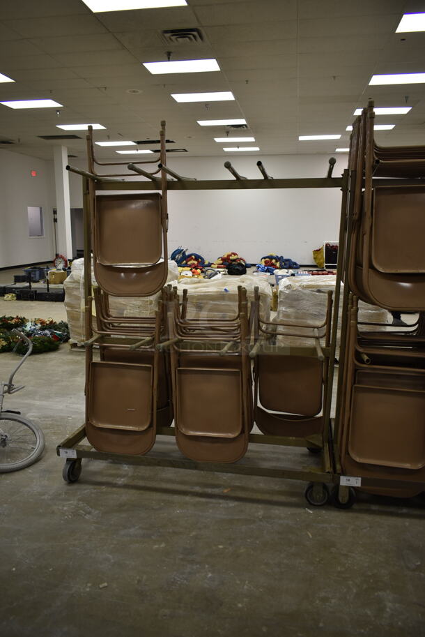 Metal Folding Chair Cart on Commercial Casters w/ Approximately 15 Brown Metal Folding Chairs. (Main Building)