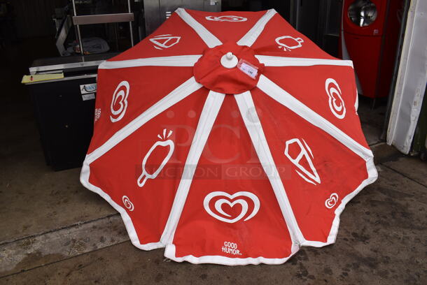 2 Red and White 8' Patio Umbrellas. 2 Times Your Bid! - Image 1 of 7
