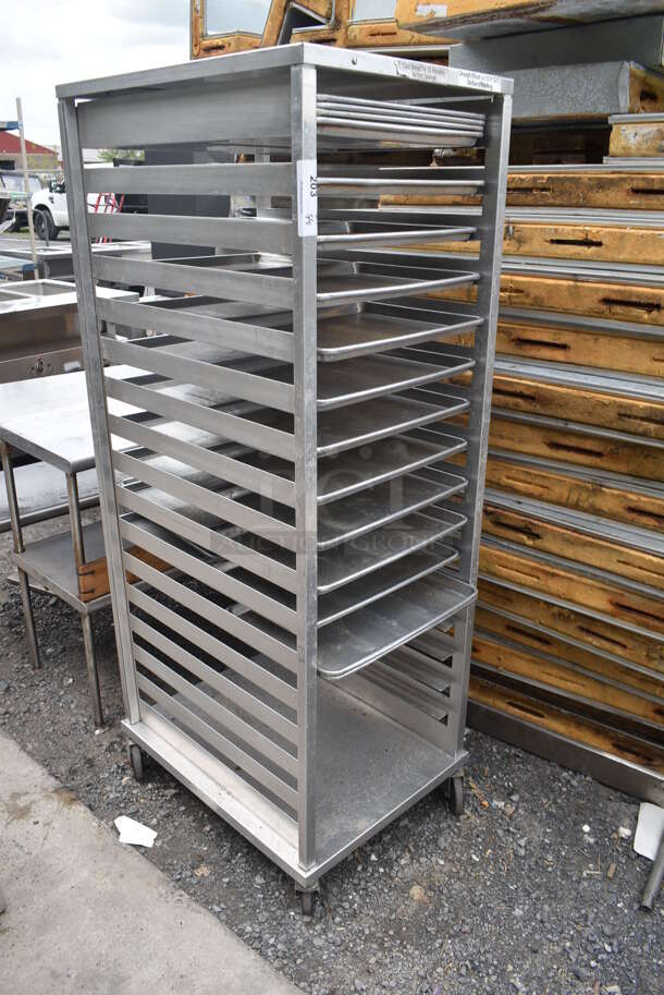 Metal Commercial Pan Transport Rack w/ 26 Full Size Metal Baking Pans on Commercial Casters. - Image 2 of 7