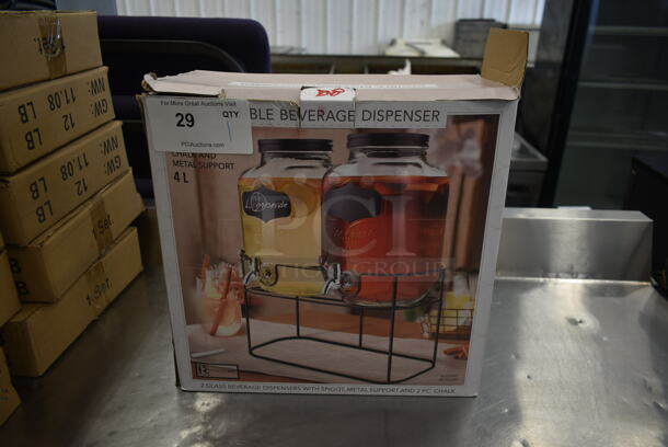 BRAND NEW IN BOX! Metal Stand w/ 2 Glass Beverage Dispensers.