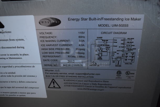 BRAND NEW SCRATCH AND DENT! Whynter UIM-502SS Stainless Steel Self Contained Ice Maker. 115 Volts, 1 Phase. Tested and Working! - Image 6 of 7