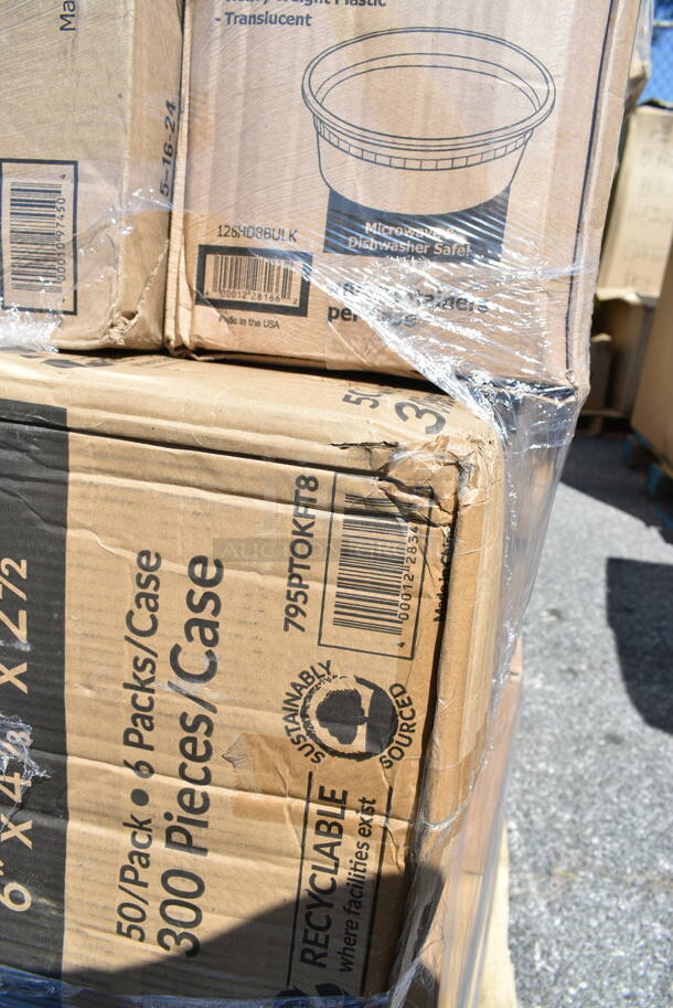 PALLET LOT of 35 BRAND NEW Boxes Including 500TO993C Choice 9" x 9" x 3" Microwaveable 3-Compartment Black / Clear Plastic Hinged Container - 100/Case, 2 box 127RD8BULK Choice 8 oz. Customizable Microwavable Translucent Round Deli Container - 500/Case, 795PTOKFT8 Choice Kraft Microwavable Folded Paper #8 Take-Out Container 6" x 4 3/4" x 2 1/2" - 300/Case, 966UPWIDEKF1-500 OneUp by Choice Kraft 1-Ply Wide Interfold 6 1/2" x 8 1/2" Dispenser Napkin - 6000/Case, 5014046 Lavex Pro 45 Gallon 3 Mil 40" x 46" Low Density Heavy-Duty Industrial Contractor Black Trash Bag / Can Liner - 50/Case, 127CH32 Choice 32 oz. Clear RPET Hinged Deli Container - 200/Case, 127DM12BULK Choice 12 oz. Ultra Clear PET Plastic Round Deli Container - 500/Case, 433NHT101 Choice 1/6 Standard Size White "Thank You" Standard-Duty Plastic T-Shirt Bag - 700/Case, 3 Box Inteplast Group PB060315H Get Reddi 6" x 3" x 15" Heavy Duty Plastic Food Bag - 1000/Case, 9991LBCBWWH Choice 4 1/4" x 9 3/4" 1 lb. White Customizable Tin Tie Cookie / Coffee / Donut Bag with Window - 100/Pack. 35 Times Your Bid!  - Image 5 of 12