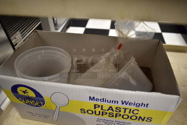 Tan Poly 3 Tier Cart w/ Push Handles and Contents on Commercial Casters. (kitchen #2) - Image 4 of 6