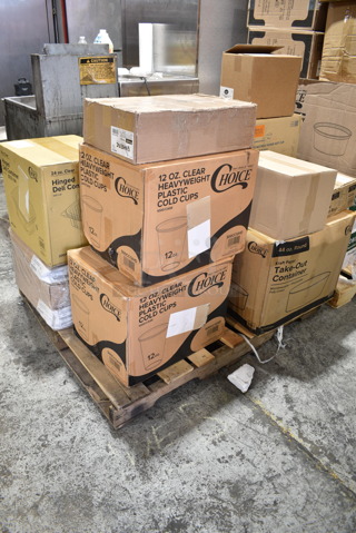 PALLET LOT of 15  BRAND NEW Boxes Including 3 Box 130TRAY18 Visions Black PET Plastic 18" Thermoform Catering / Deli Tray - 25/Case, 127CH24 Choice 24 oz. Clear RPET Hinged Deli Container - 200/Case, 612527LCO Choice 7" Round Standard Weight Foil Take-Out Pan with Board Lid - 200/Case, 176WDTSB010 Choice 10" Woven Wood Salad Bowl - 12/Pack, 2 Box 500CC12HD Choice 12 oz. Plastic Cold Cup - 1000/Case, 5014347M15 Lavex Li'l Herc 56 Gallon 1.5 Mil 43" x 47" Low Density Medium-Duty Black Can Liner / Trash Bag - 100/Case, Kraft Take Out Container, 808124C1 Tablecraft 124C-1 24 oz. Clear Cone Tip Squeeze Bottle with 38 mm Opening - 12/Pack, 6 oz Paper Hot Cups, Stolzle 3580015T Revolution 13 oz. Rocks / Old Fashioned Glass - 6/Pack. 15 Times Your Bid!