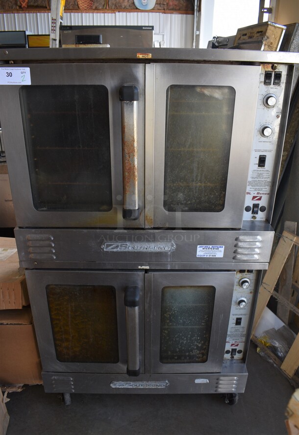 2 Southbend Stainless Steel Commercial Natural Gas Powered Full Size Convection Ovens w/ View Through Doors, Metal Oven Racks and Thermostatic Controls. 38x36x64. 2 Times Your Bid!