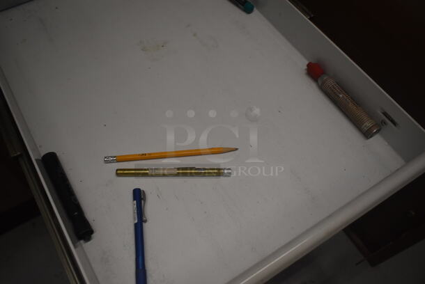 Tan Metal 2 Door Cabinet w/ Contents Including Panasonic Commercial Electric Stapler and Tools on Commercial Casters. - Image 10 of 12