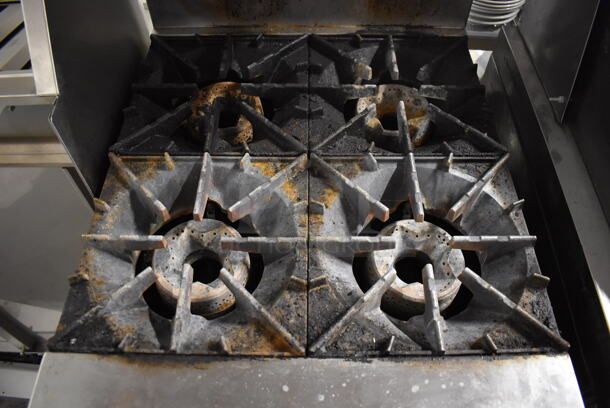Stianless Steel Commercial Natural Gas Powered 4 Burner Range w/ Oven, Over Shelf and Back Splash on Commercial Casters. Oven Door Needs To Be Reattached. 24x32x57 - Image 4 of 6