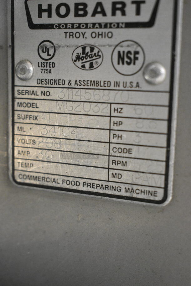 Hobart MG2032 Metal Commercial Floor Style Electric Powered Meat Mixer Grinder on Commercial Casters. 208 Volts, 3 Phase. Tested and Working! - Image 6 of 6