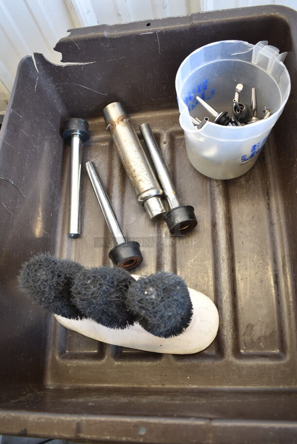 ALL ONE MONEY! Lot of Various Items Including Bar Mats, Glass Cleaner and Funnel in Brown Bus Bin - Image 2 of 4