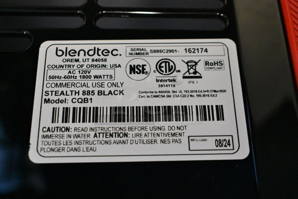 BRAND NEW SCRATCH AND DENT! 2024 Blendtec S885C2901-A1DA1D Stealth 885 3.8 hp Blender with Sound Enclosure and 90 oz. WildSide+ Jar. 120 Volts, 1 Phase. Tested and Working! - Image 6 of 6
