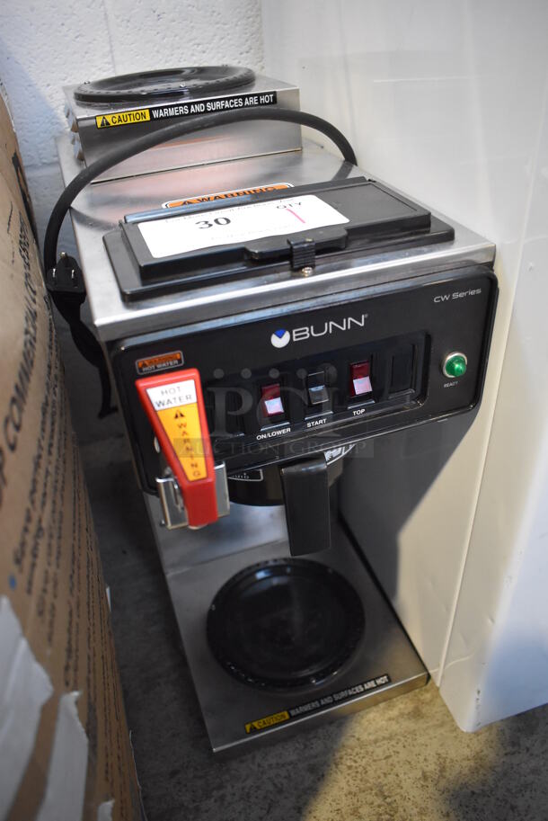 BRAND NEW SCRATCH AND DENT! 2022 Bunn CWTF15 Stainless Steel Commercial Countertop 2 Burner Coffee Machine w/ Hot Water Dispenser and Poly Brew Basket. 120 Volts, 1 Phase. 8x20x20 - Image 2 of 5