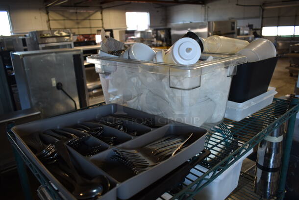 ALL ONE MONEY! Four Tier Lot of Various Items Including Poly Bins and Ceramic Plates. Does Not Include Shelving Unit.  - Image 6 of 8