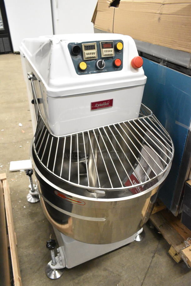 BRAND NEW SCRATCH AND DENT! Estella 348SM80 Metal Commercial Floor Style 80 Qt. / 116 lb. Two-Speed Spiral Dough Mixer w/ Stainless Steel Mixing Bowl, Bowl Guard and Dough Hook. 220 Volts, 3 Phase.  - Image 3 of 8
