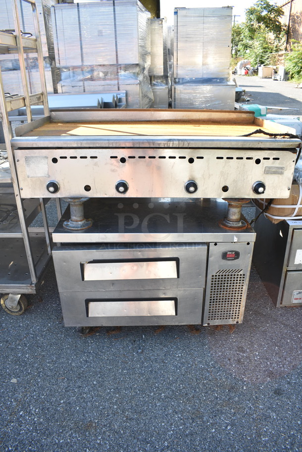 Rankin Delux GR-48 Stainless Steel Commercial Countertop Natural Gas Powered Flat Top Griddle on Turbo Air TCBE-36SDR 2 Drawer Chef Base. 115 Volts, 1 Phase. Cannot Test Due To Cut Power Cord - Image 1 of 8