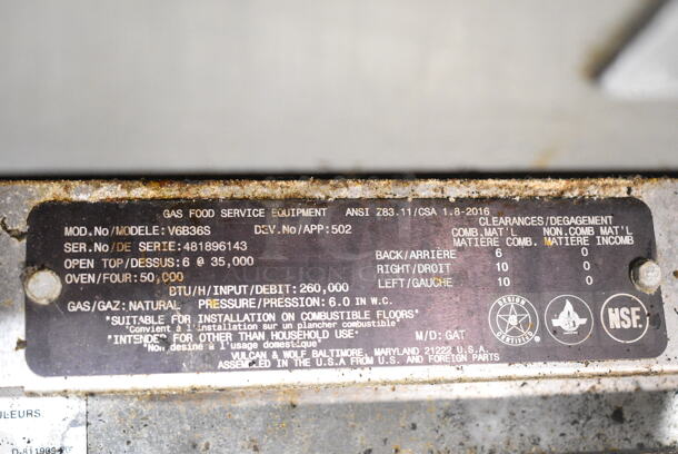 Vulcan V6B36S Stainless Steel Commercial Natural Gas Powered 6 Burner Range w/ Oven on Commercial Casters.  - Image 6 of 6