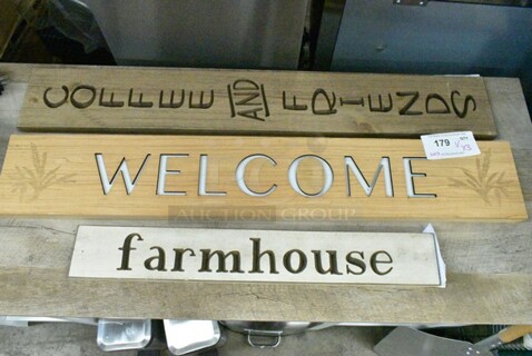 3 Various Decorative Signs; Farmhouse, Welcome and Coffee and Friends. 3 Times Your Bid! 