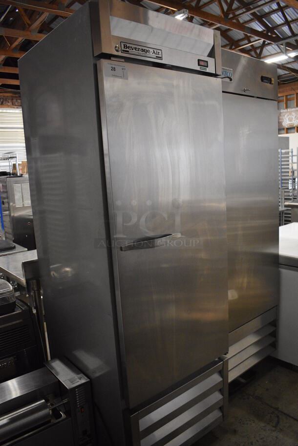 Beverage Model KR24-1AS Stainless Steel Commercial Single Door Reach In Cooler w/ Poly Coated Racks on Commercial Casters. 115 Volts, 1 Phase. 26x34.5x82.5. Tested and Working! - Image 1 of 5
