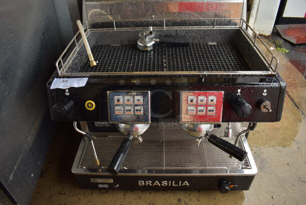 Brasilia Portofino DEL 2 Stainless Steel Commercial Countertop 2 Group Espresso Machine w/ 3 Portafilters and 2 Steam Wand. 230 Volts, 1 Phase. 28x22x21 - Image 1 of 5
