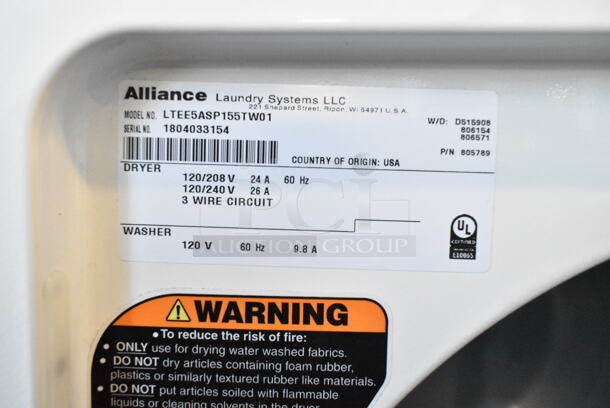 BRAND NEW SCRATCH AND DENT! Alliance LTEE5ASP155TW01 Metal Commercial Front Load Dryer. 120-208/240 Volts, 1 Phase.  - Image 3 of 5