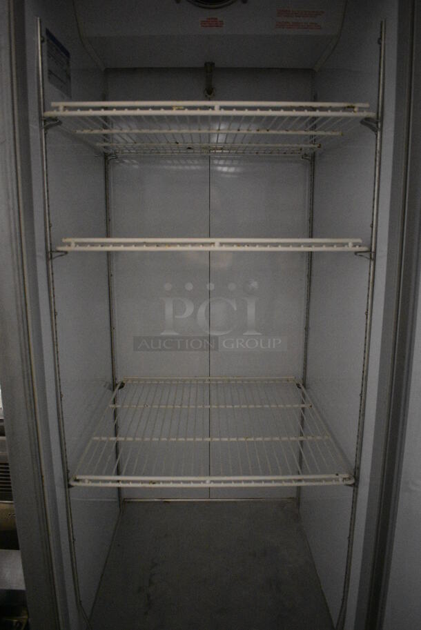 Beverage Model KR24-1AS Stainless Steel Commercial Single Door Reach In Cooler w/ Poly Coated Racks on Commercial Casters. 115 Volts, 1 Phase. 26x34.5x82.5. Tested and Working! - Image 4 of 5