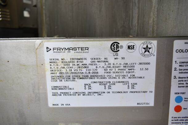 2019 Frymaster BIGLA430-8TSD Stainless Steel Commercial Natural Gas Powered 4 Bay Deep Fat Fryer w/ Filtration System on Commercial Casters. 105,000 BTU.  - Image 10 of 12