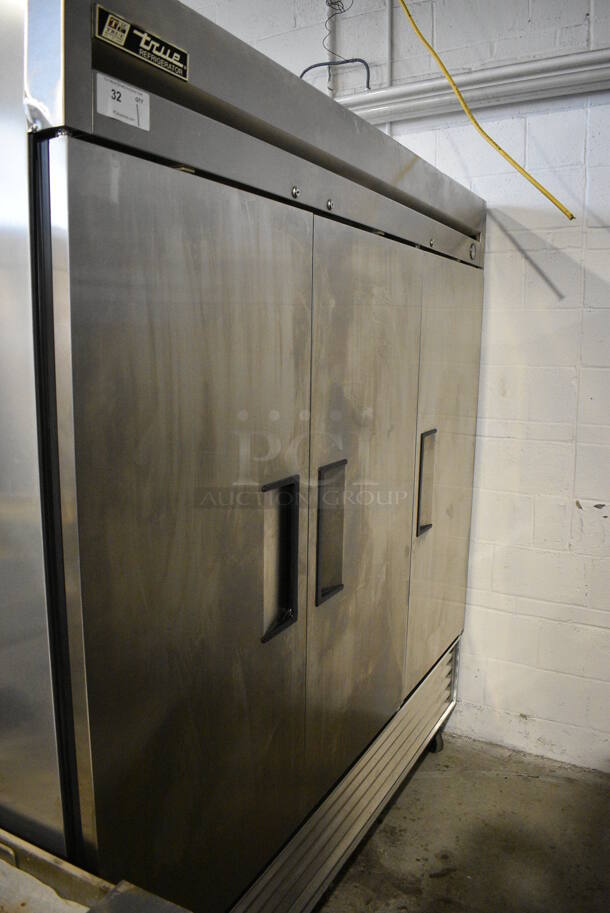 True Model T-72 Stainless Steel Commercial 3 Door Reach In Cooler w/ Poly Coated Racks on Commercial Casters. 115 Volts, 1 Phase. 78x30x83. Tested and Powers On But Does Not Get Cold