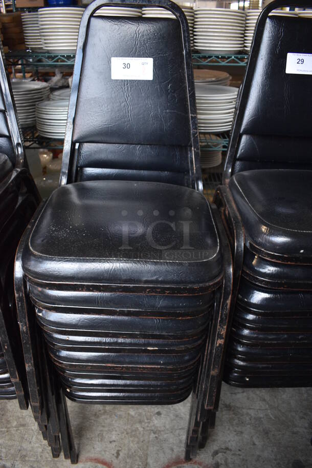 8 Black Metal Stackable Banquet Chairs w/ Black Cushions. 18x20x34. 8 Times Your Bid!