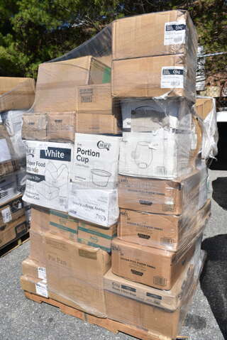 PALLET LOT of 44 BRAND NEW Boxes Including 2 Box 5002DNAPBLK Choice 15" x 17" Black Customizable 2-Ply Paper Dinner Napkin - 1000/Case, 795PTOWHT4 Choice White Microwavable Folded Paper #4 Take-Out Container 7 3/4" x 5 1/2" x 3 1/2" - 160/Case, 347SLWG16 Visions 16 oz. Heavy Weight Clear Plastic Stemless Wine Glass - 64/Case, 2 Box 5002CPTE Lavex 2-Ply White Center Pull Paper Towel 510' Roll - 6/Case, 433NHT004 Choice 1/5 Large Size White Heavy-Duty Unprinted Plastic T-Shirt Bag - 500/Case, 2 Box 395SP06PF EcoChoice No PFAS Added 6" x 6" Natural Bagasse Blend Square Plate - 400/Case, Bakers Lane Pie Pan, 2 Box 500PMGREEKGD Choice 10" x 14" Greek Key Gold Placemat - 1000/Case, 612W45 Choice 10 3/4" x 14" Insulated Foil Sandwich Wrap Sheets - 2000/Case, 128HDLDBULK ChoiceHD Microwavable Translucent Plastic Deli Container Lid - 480/Case, 795KFT44RNPLA EcoChoice 44 oz. Round Kraft Bio-Lined Compostable Take-Out Container 2 5/8" x 7 5/16" - 300/Case. 44 Times Your Bid! 
